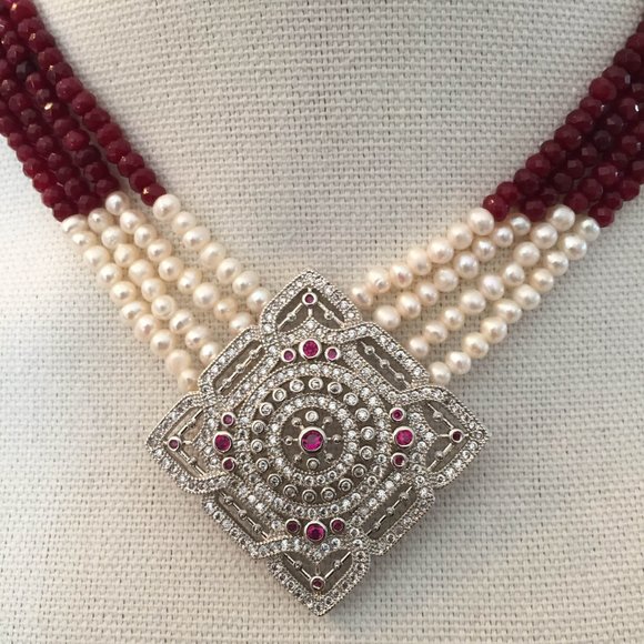 Four Strands Pearl, And Red Jasper Necklace with Pendant - Picture 2 of 2